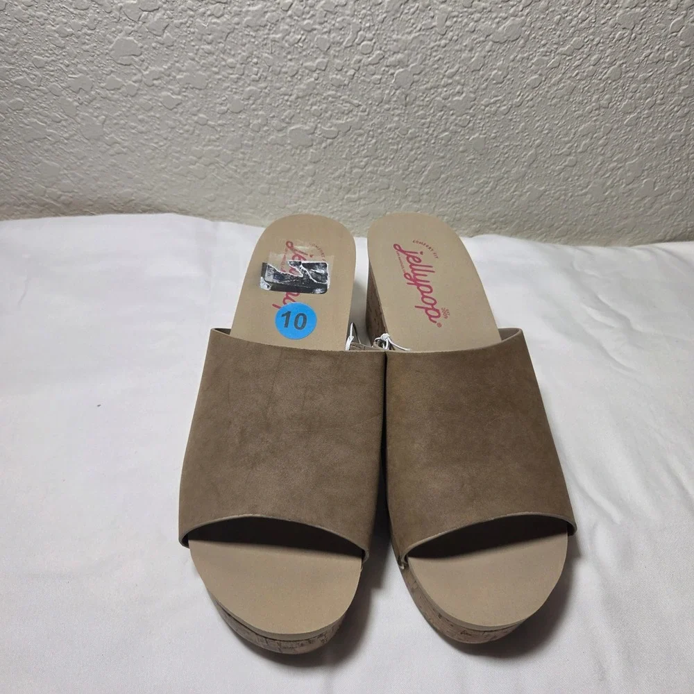 Jellypop Womens Tan Brown Faux Suede Cork Wedge Platform Slide Sandals Size 10